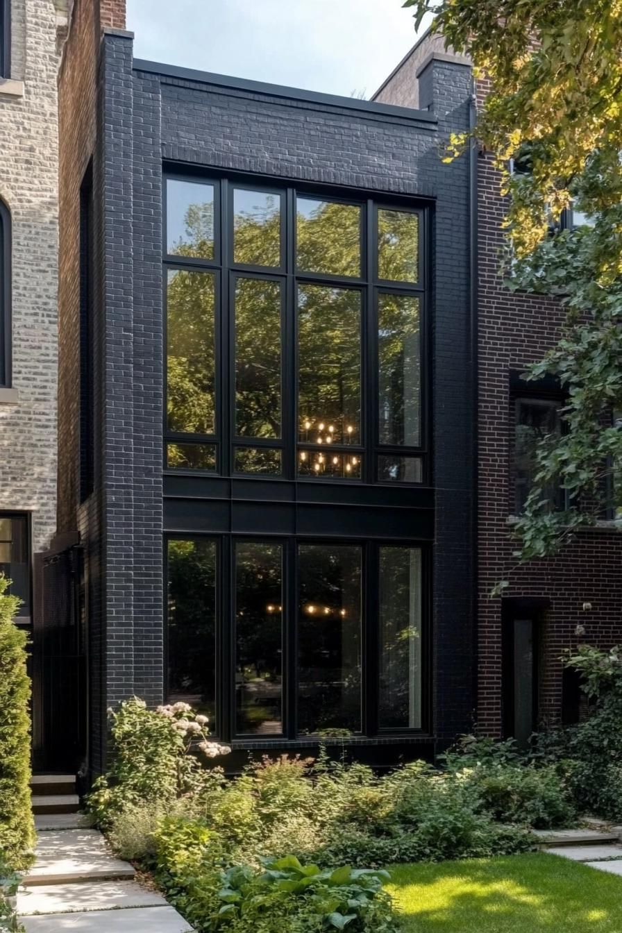 modern black brick townhouse with large modern windows with black trim lush front yard 2