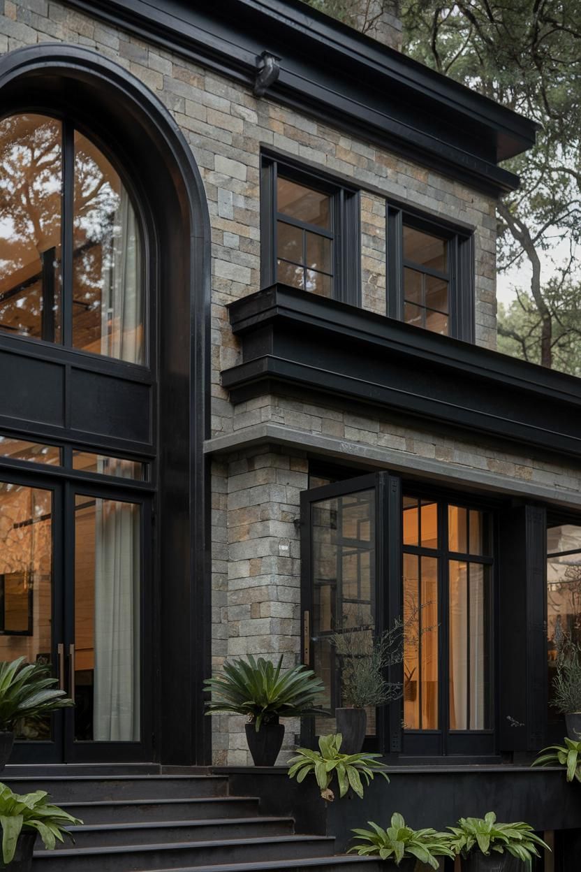 Modern black house with stone facade and large windows