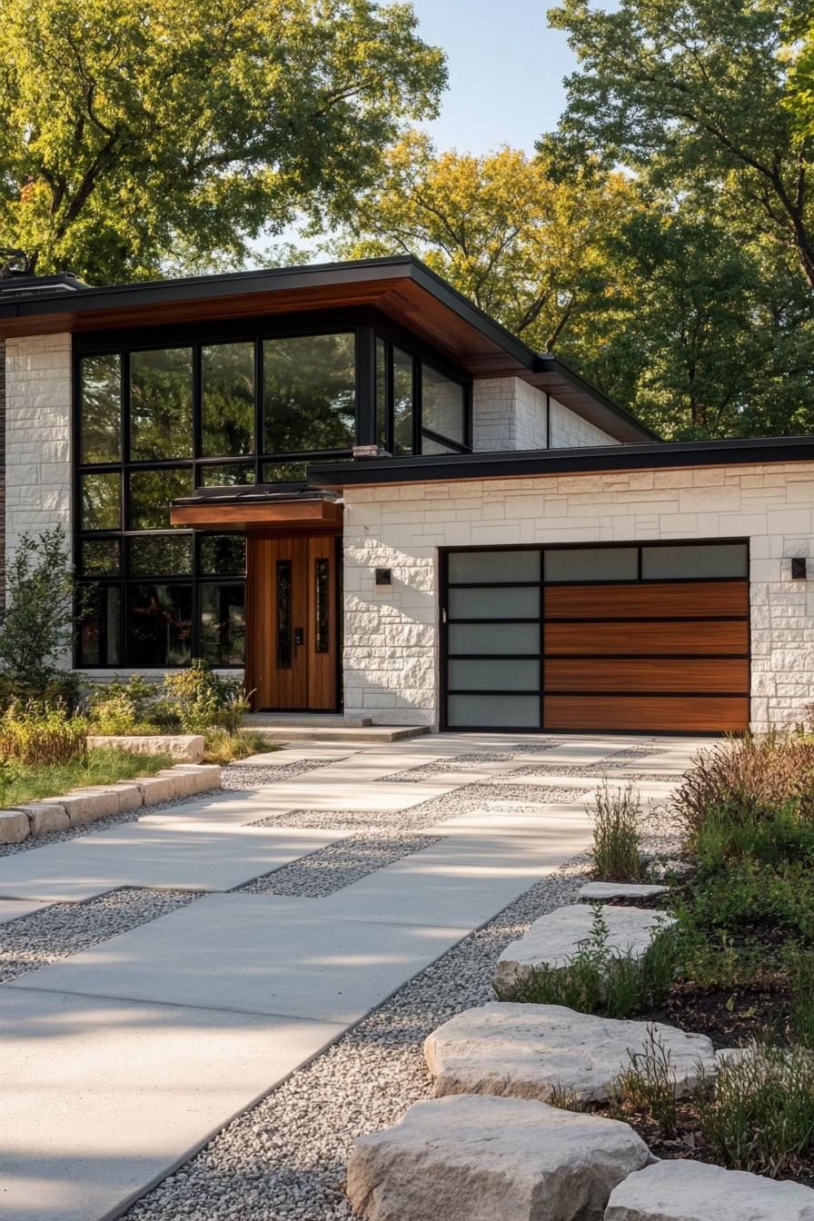 contemporary house exterior with flat roof white stone brick siding dark stained wood accents wooden garage and front door full wall modern 3