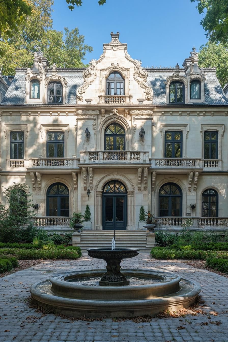 Elegant stone mansion with intricate details and a central fountain