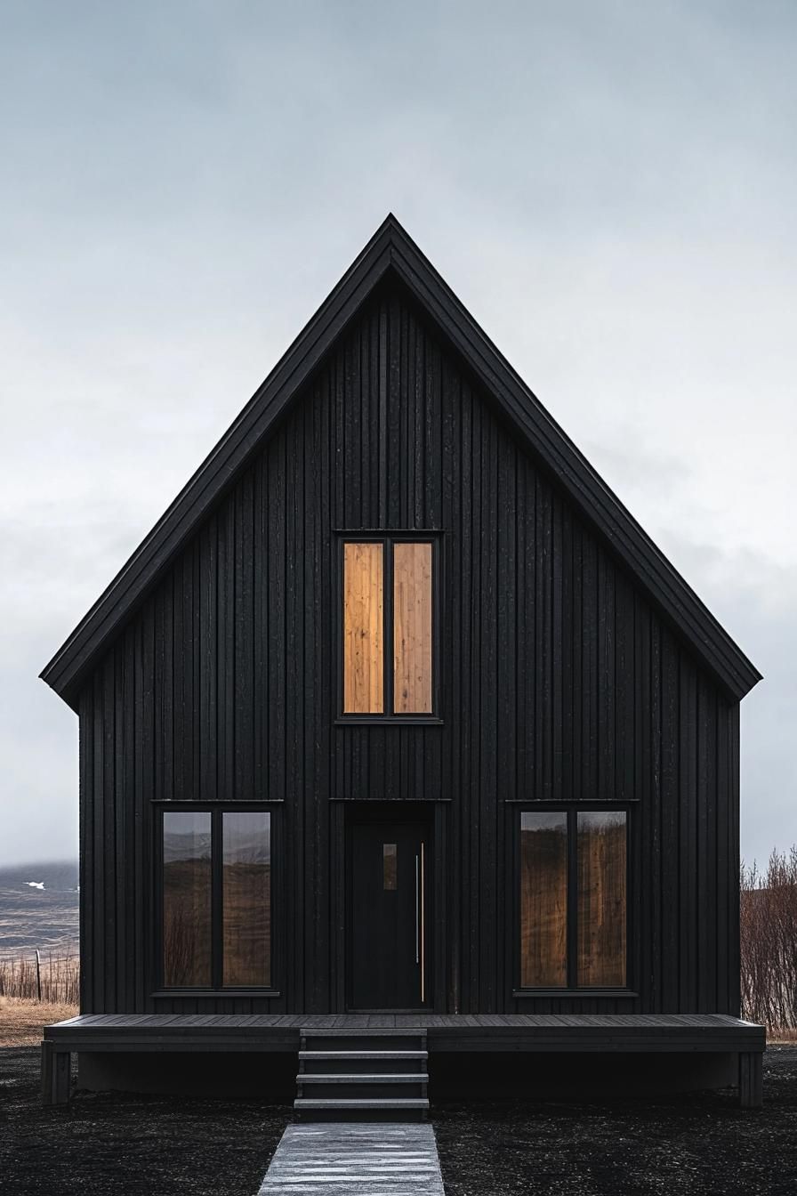 Dark, wood-clad house with glowing windows against a cloudy sky