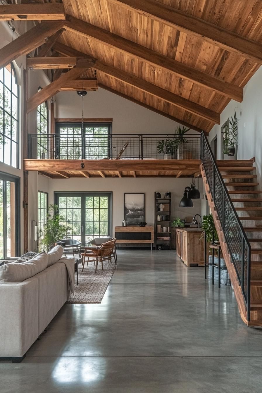 Open Loft with Wood Beams and Large Windows