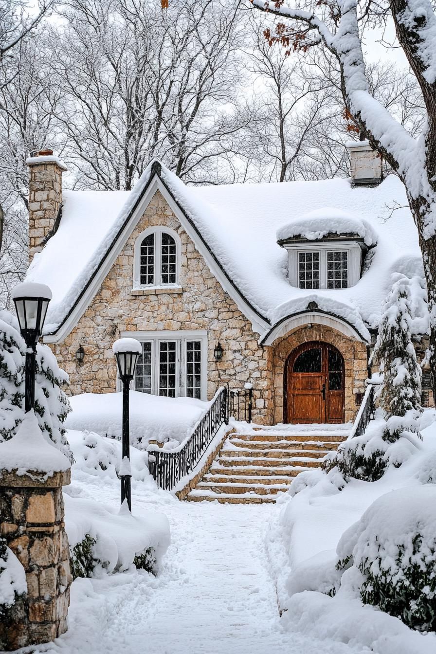 french cottage house with stone siding snow on the roof arched entry with steps clean off snow snowed in front yard lamp posts surrounede with 2