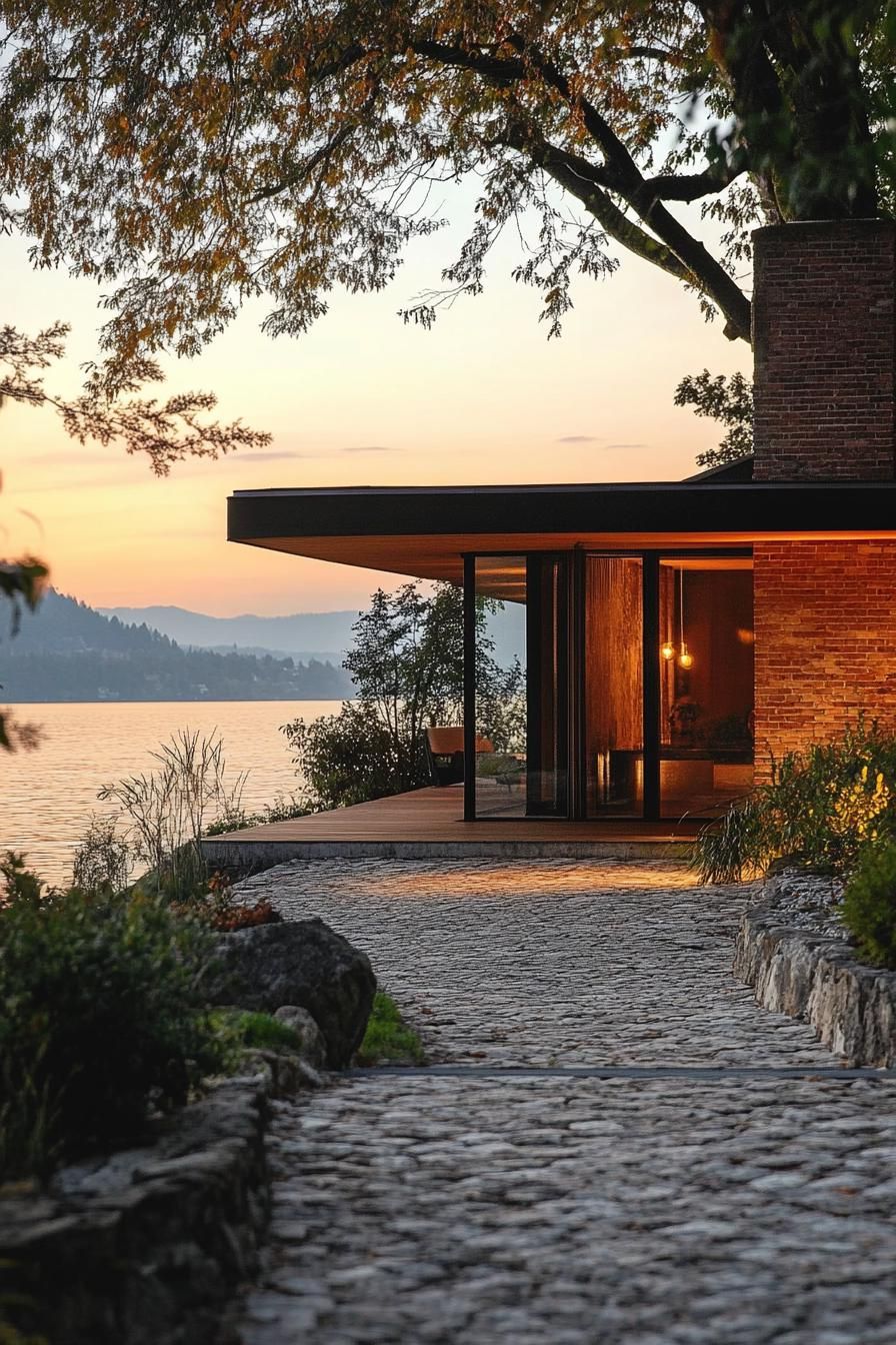 Modern house by a lake at sunset