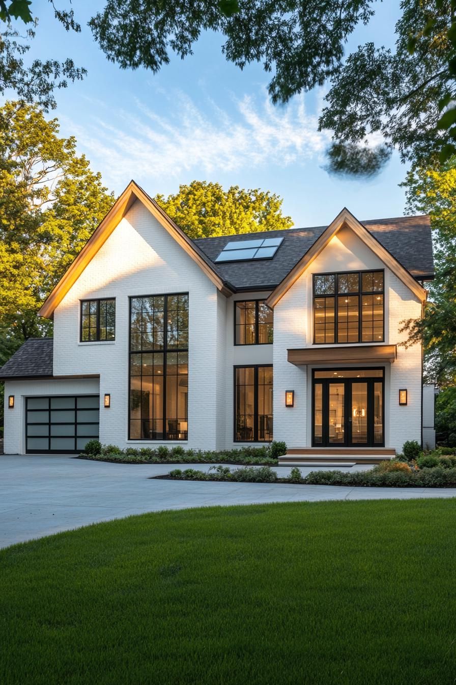 Elegant two-story home with large windows