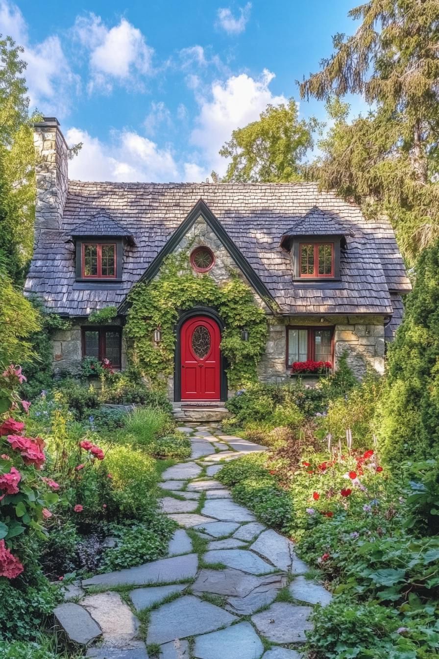 Charming stone cottage with a vibrant red door