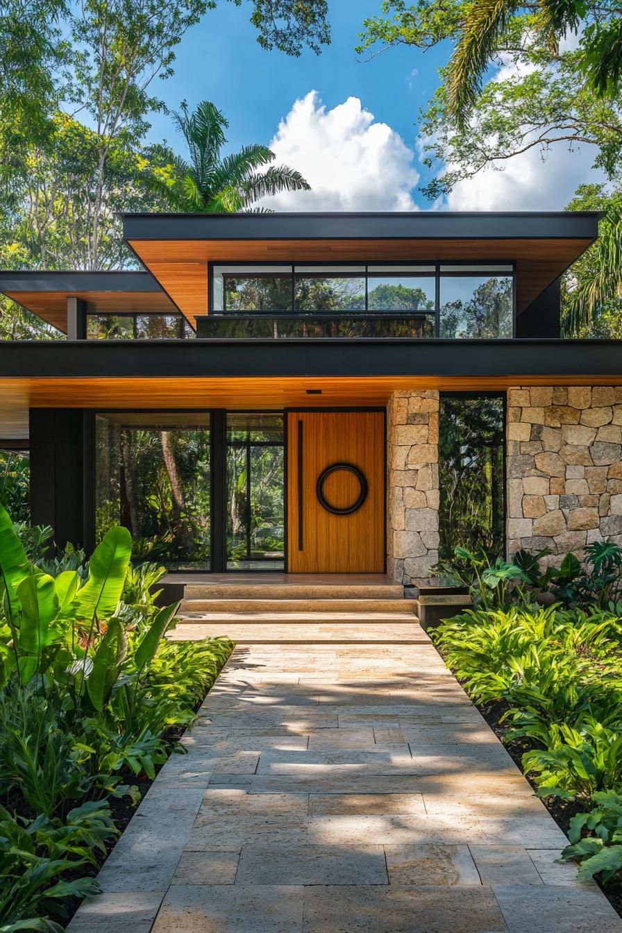 Tropical modern house with wooden accents and stone facade