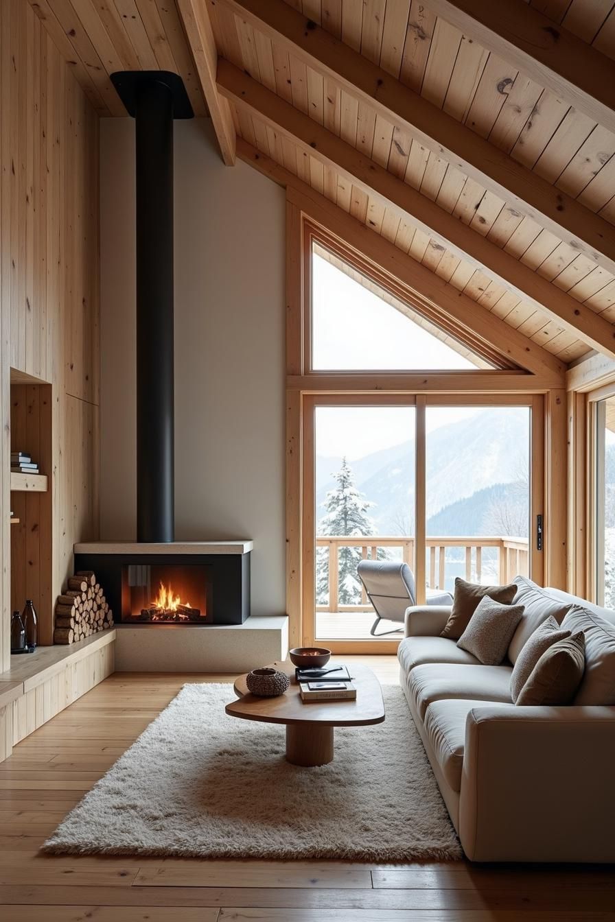 Cozy cabin interior with fireplace and mountain views