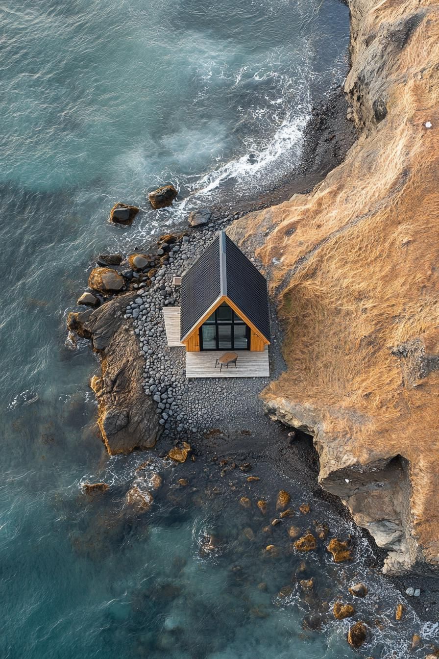 A solitary A-frame cabin atop rugged coastal rocks