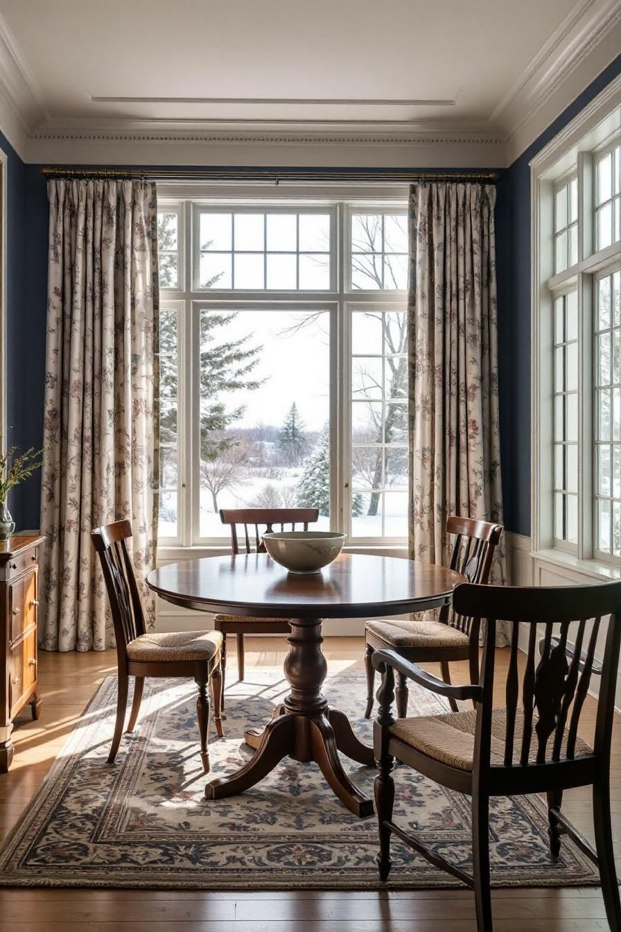 Charming colonial dining room with large windows