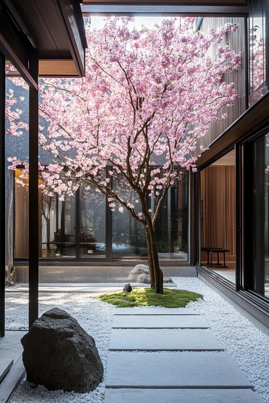 Japanese courtyard with a blooming cherry tree