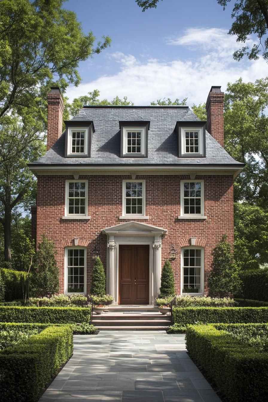 Brick Georgian house with classic columns and lush greenery