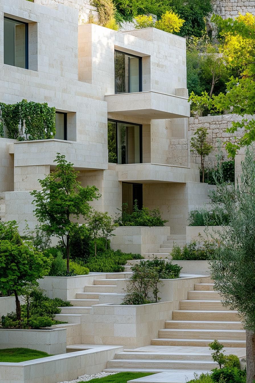 contemporary limestone mediterranean house with multi levels no roof roof terraces modern windows cascading garden with steps trees and native 3