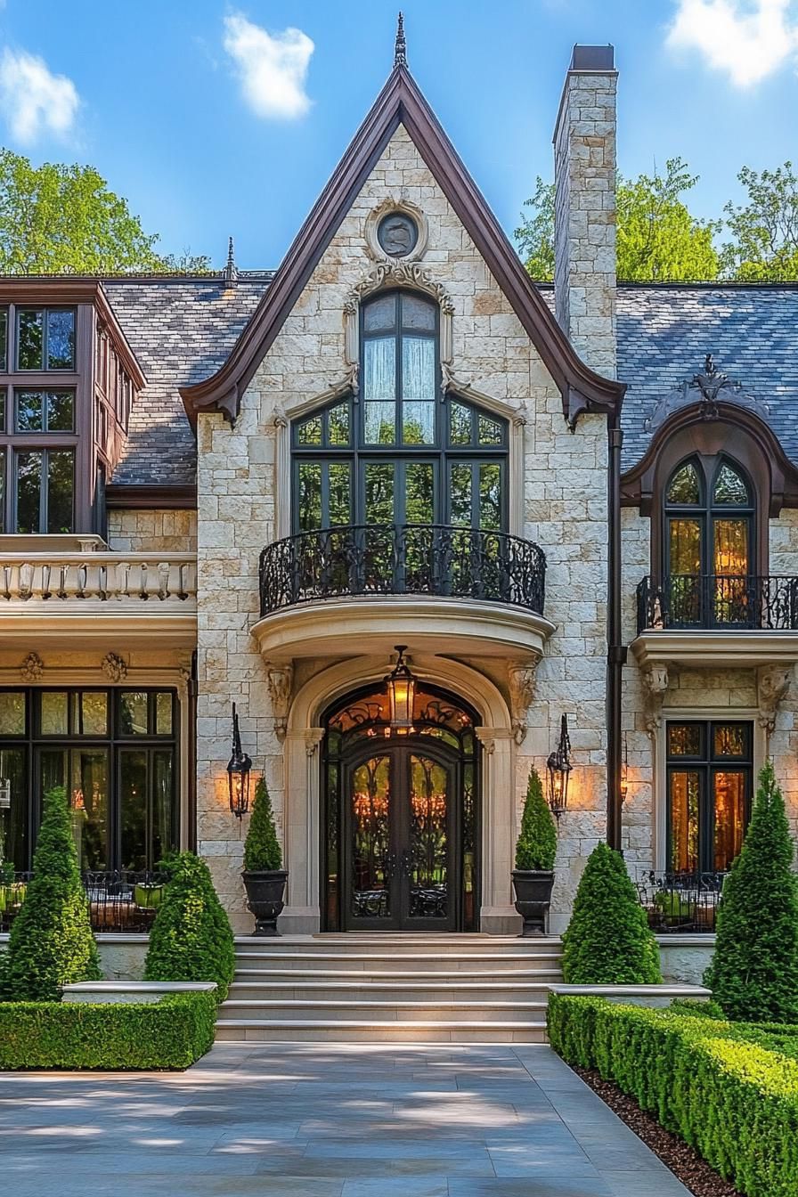 Stone mansion with intricate wrought iron details and lush greenery