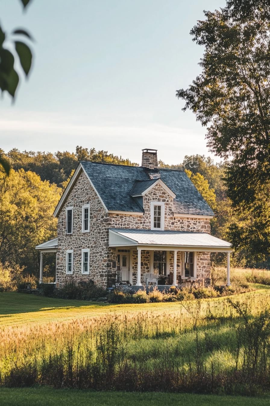 single tory village house with gabled roof and stone facade large porch farmland with trees landscape 1