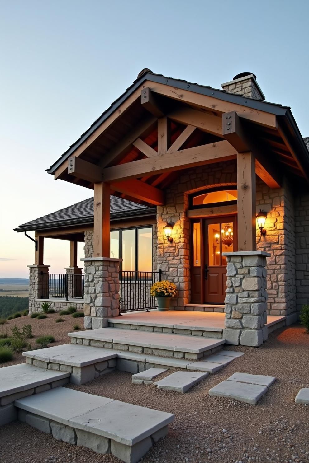 Cozy stone-front entryway with sunset view