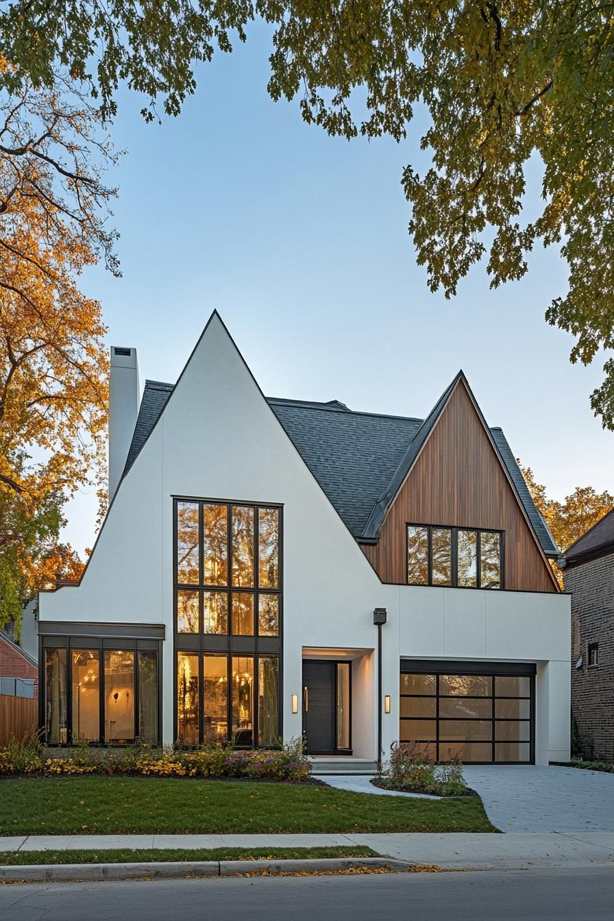 Modern Tudor house with large windows and sharp rooflines