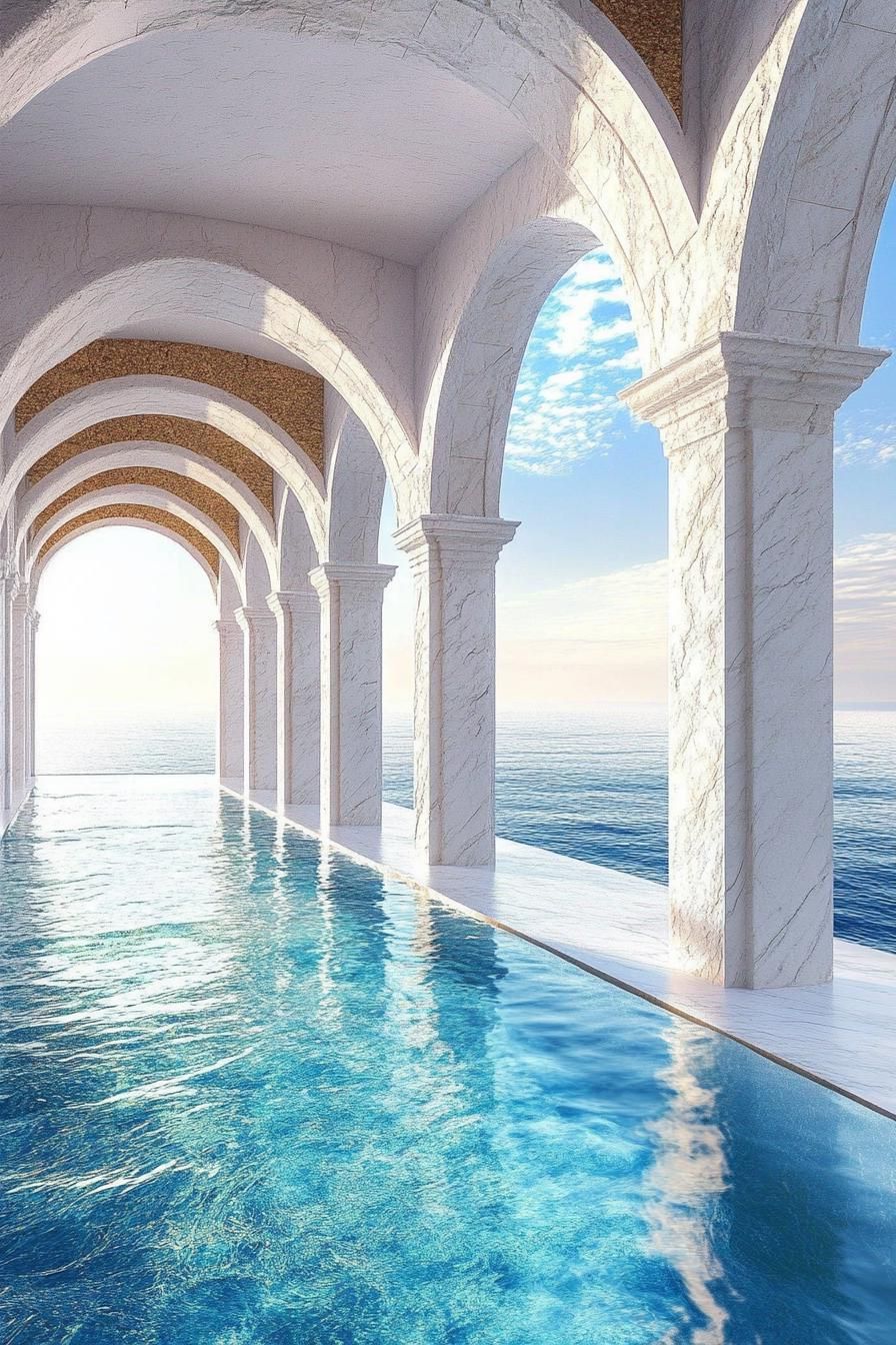 oceanside pool with tall white marble arches stunning sea view dreamscape 1