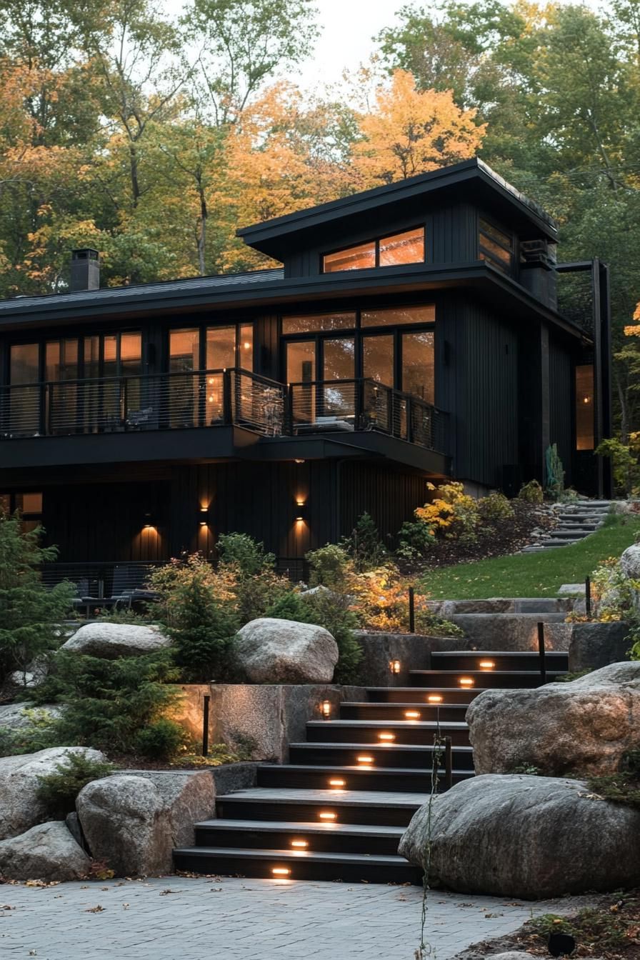 modern split level home with stairs to porch LED lit steps boulders on slope black house siding modern black roof large modern windows balcony 2