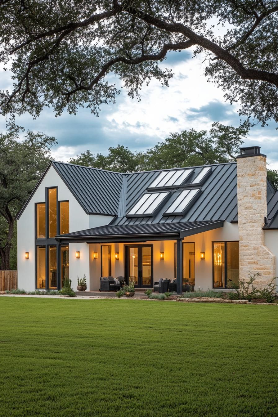 Contemporary ranch house with lush lawn