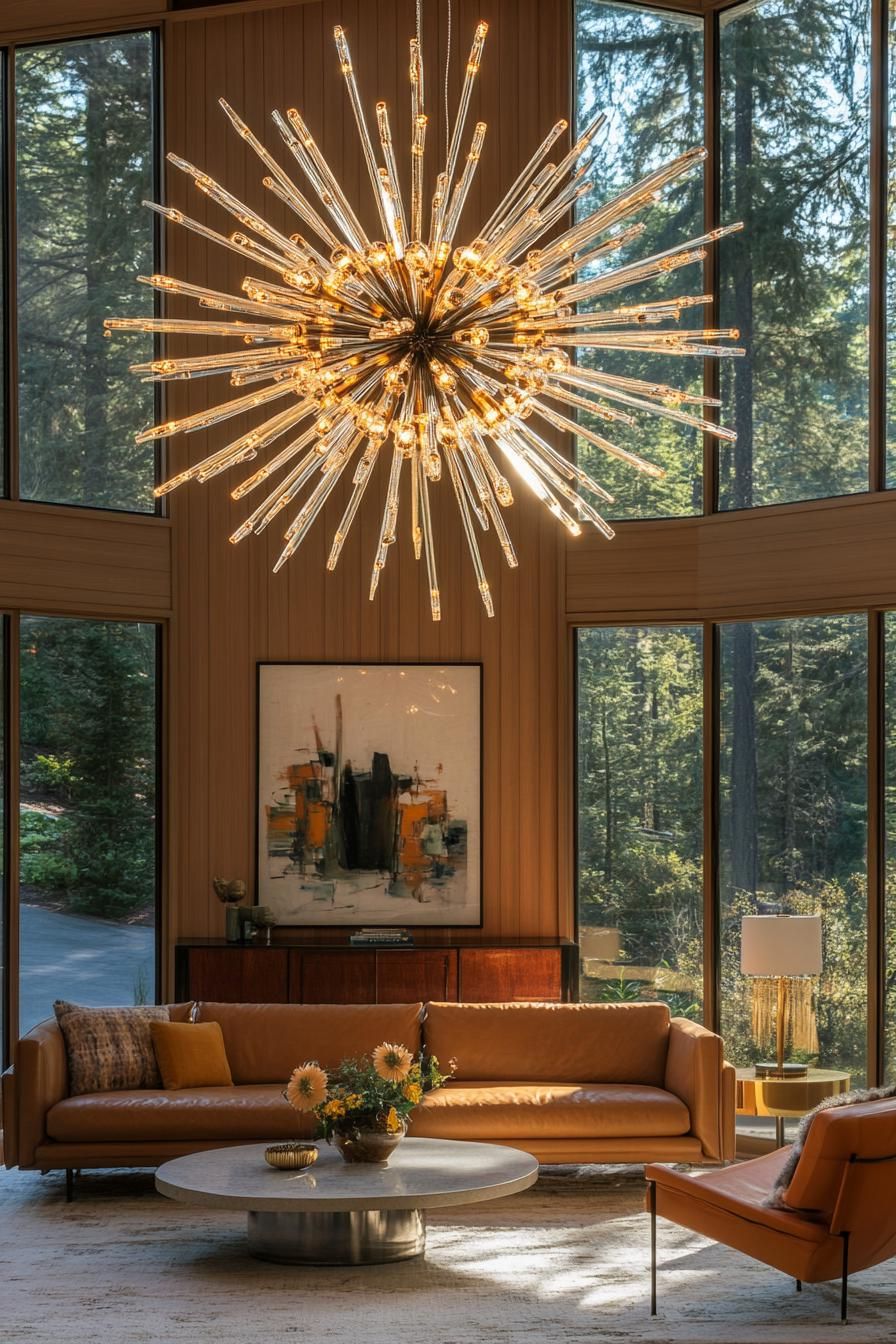 Elegant mid-century living room with a spiky chandelier