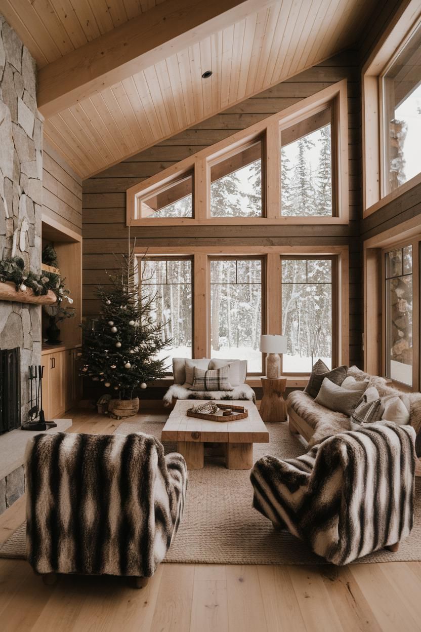 Rustic wood interior with large windows and a decorated tree