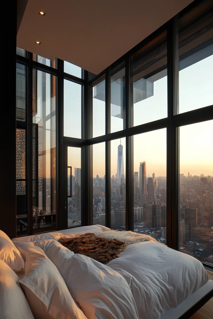 High-rise bedroom with panoramic city views