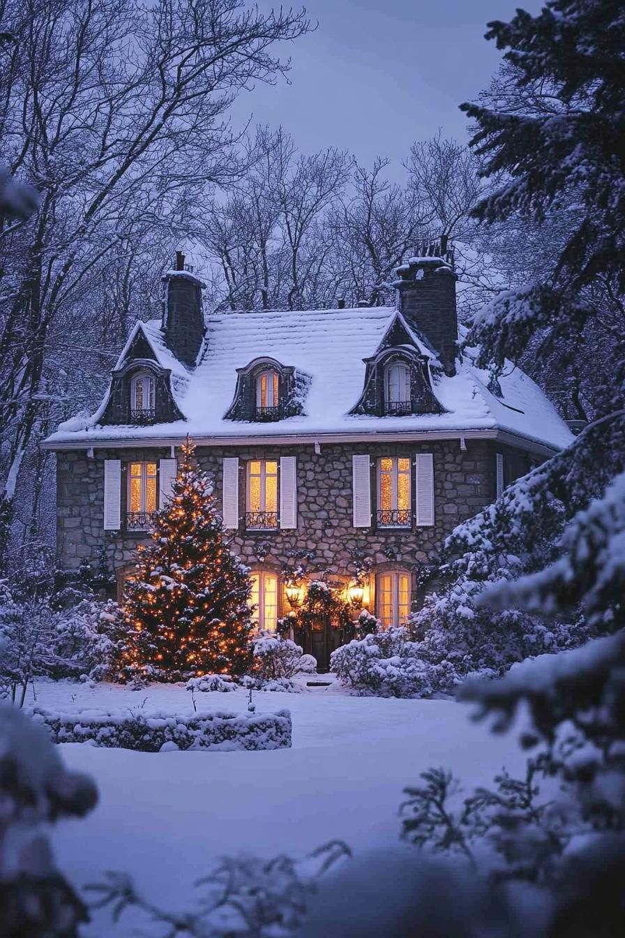 french manor with stone siding and white windows roof with gables and with snow snowed in yard with a large decorated Christmas tree with lights