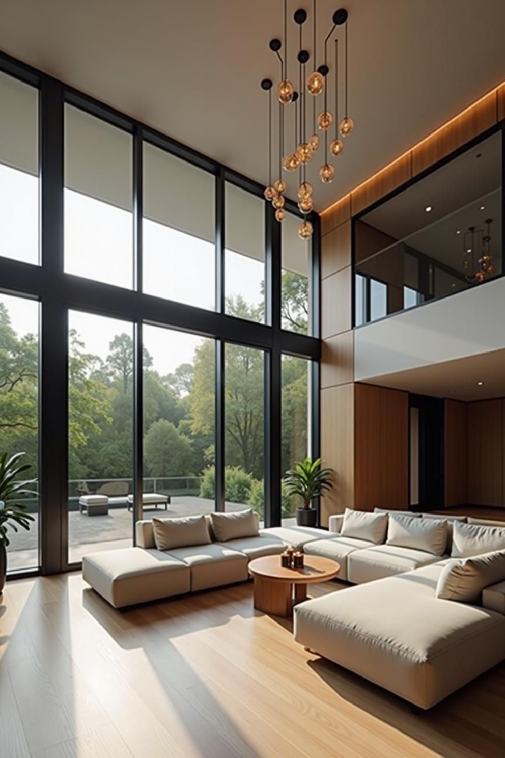 Spacious living room with large windows and modern decor