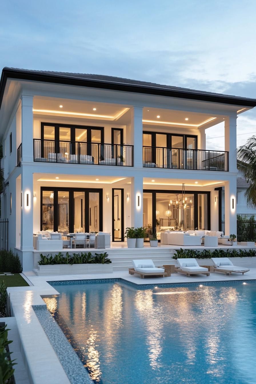 frontal view of a modern white villa house with large second floor terraces and glass railings large black trim windows large eaves with LED lights 1