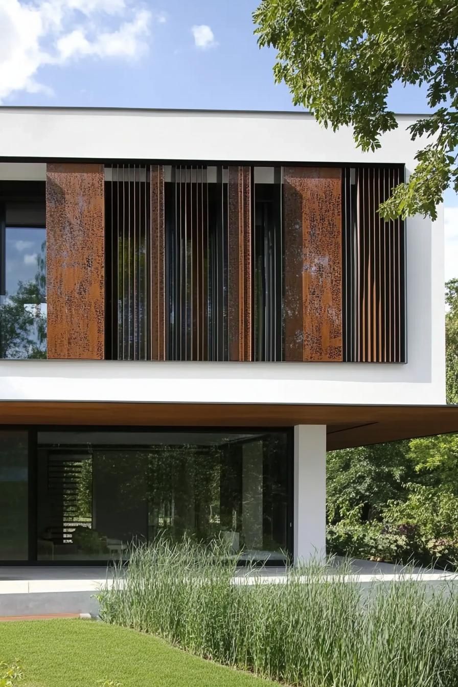 modern house facade architecture with large windows with metal shading panels