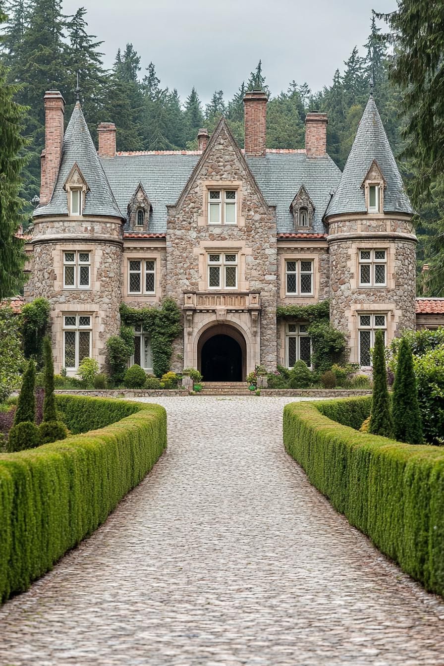 Charming stone mansion with pointed towers and lush greenery