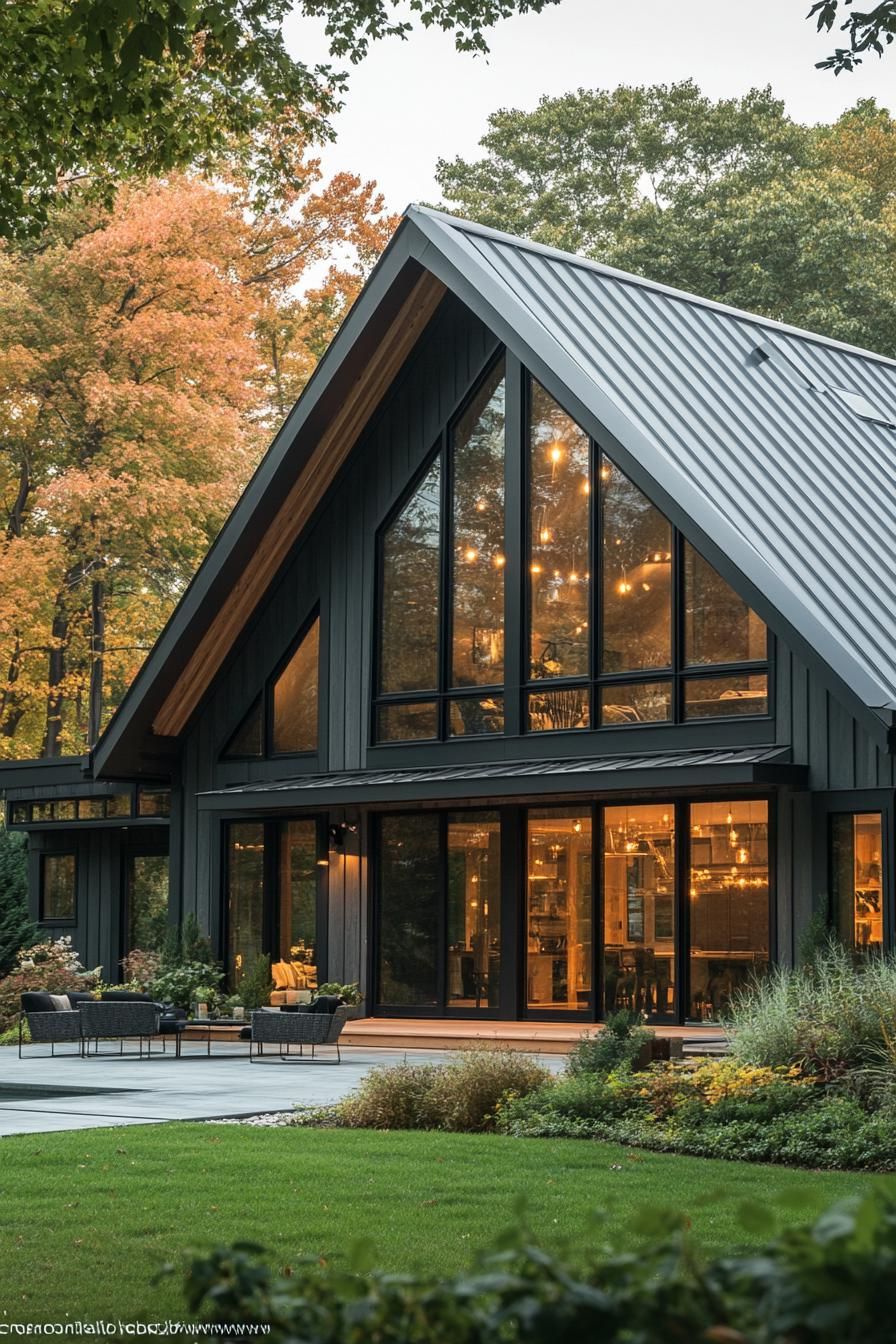 Modern barn house with large glass windows surrounded by autumn trees