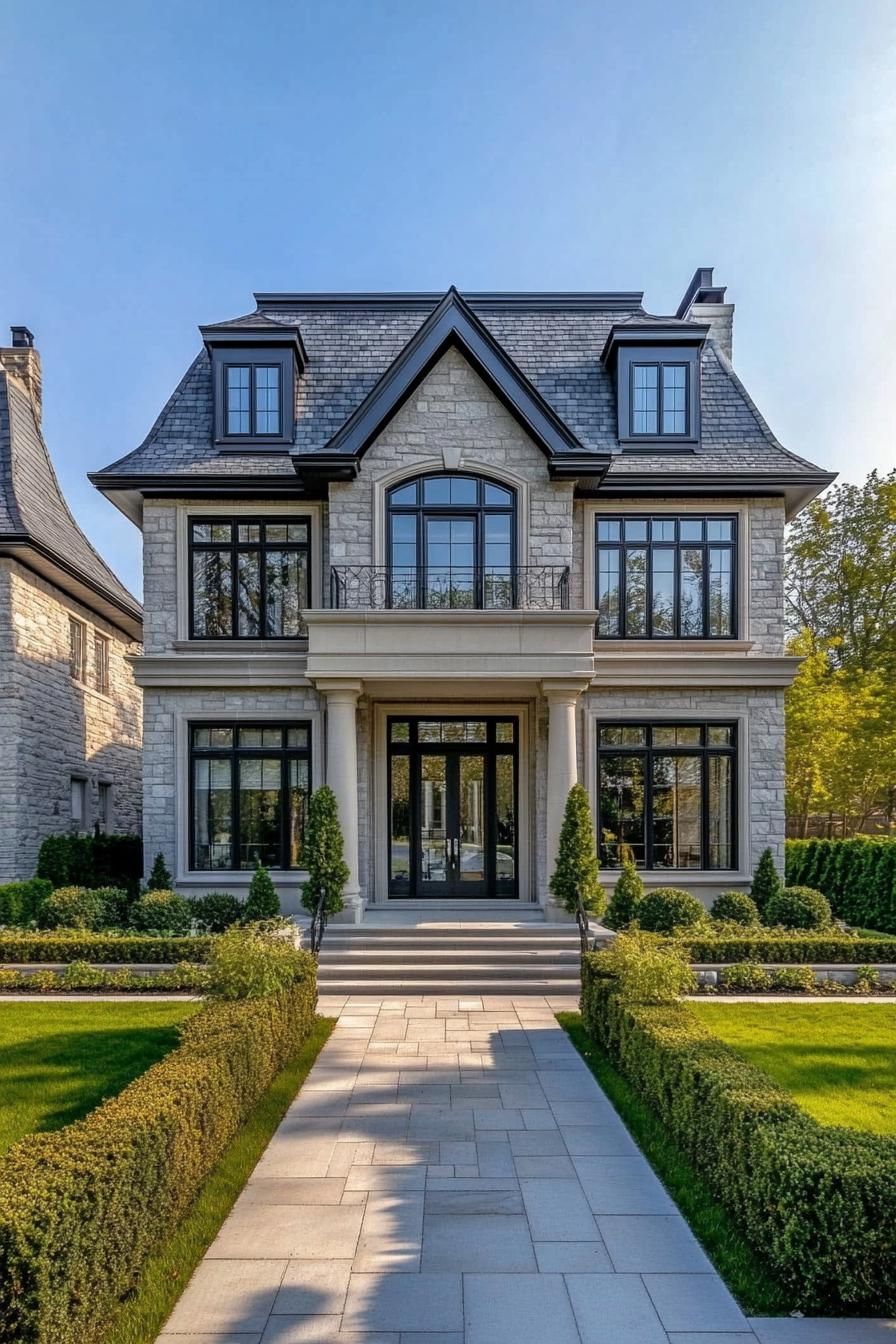 Stately stone house with black accents and manicured garden