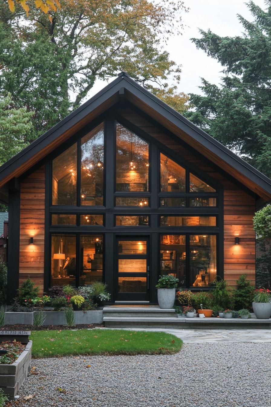 Modern barn house with large glass windows, surrounded by lush greenery