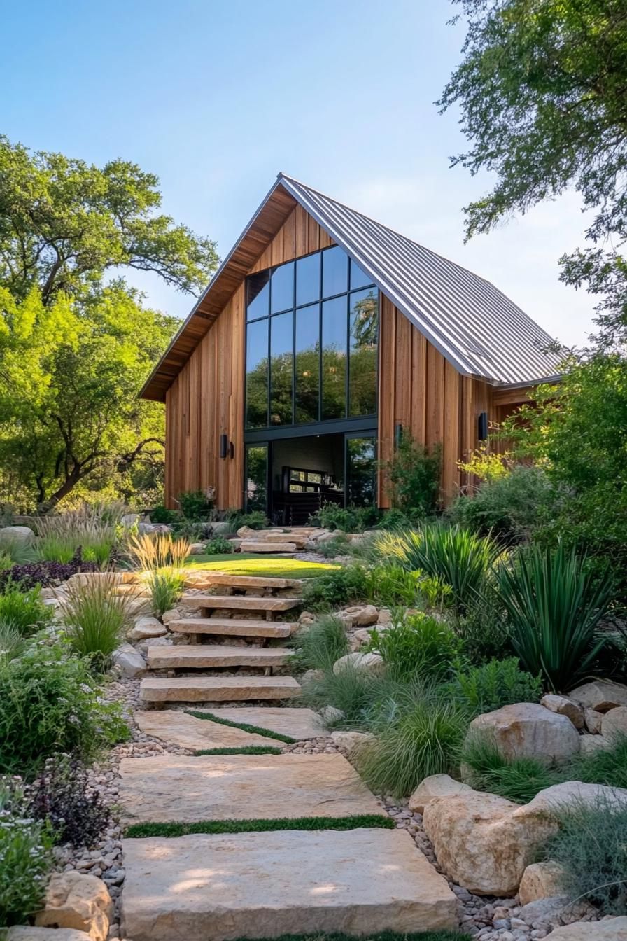 Wood-paneled barndominium with large glass windows