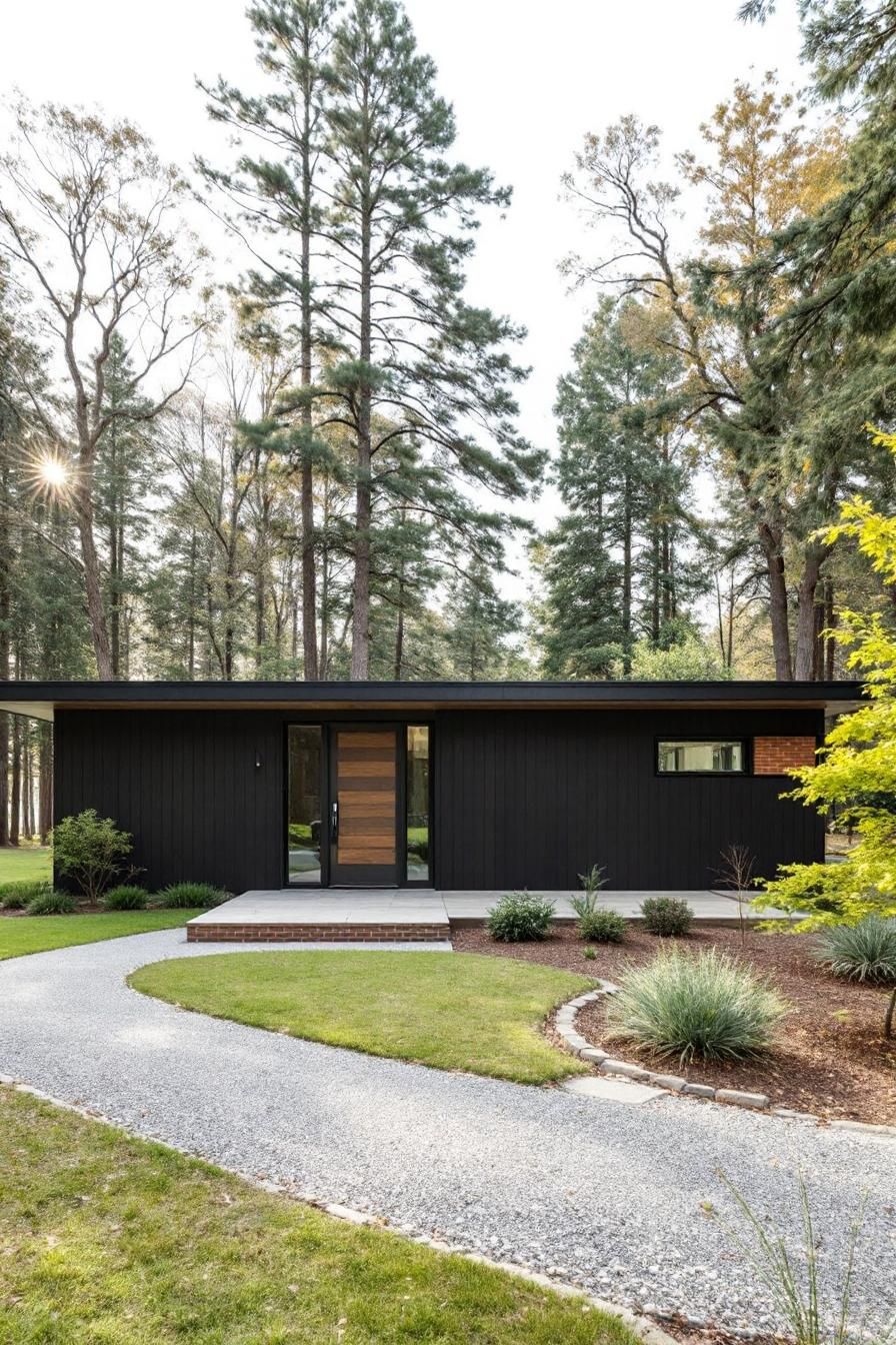 Dark wood bungalow amidst tall pine trees