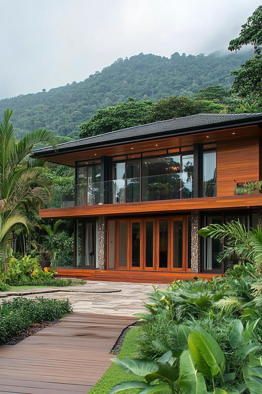 Lush tropical house with wooden accents