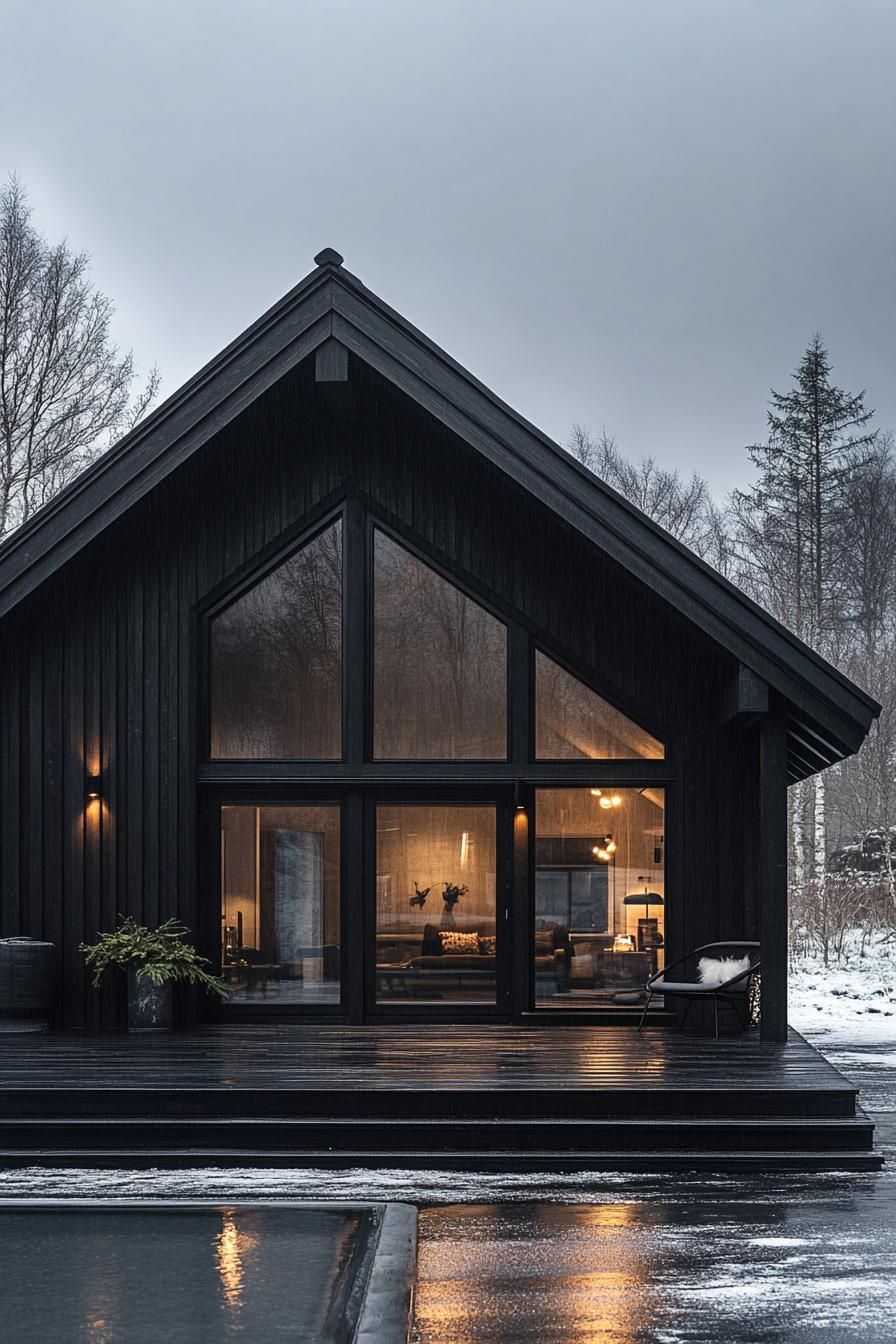 Modern barn with large windows and dark wood exterior in a snowy setting