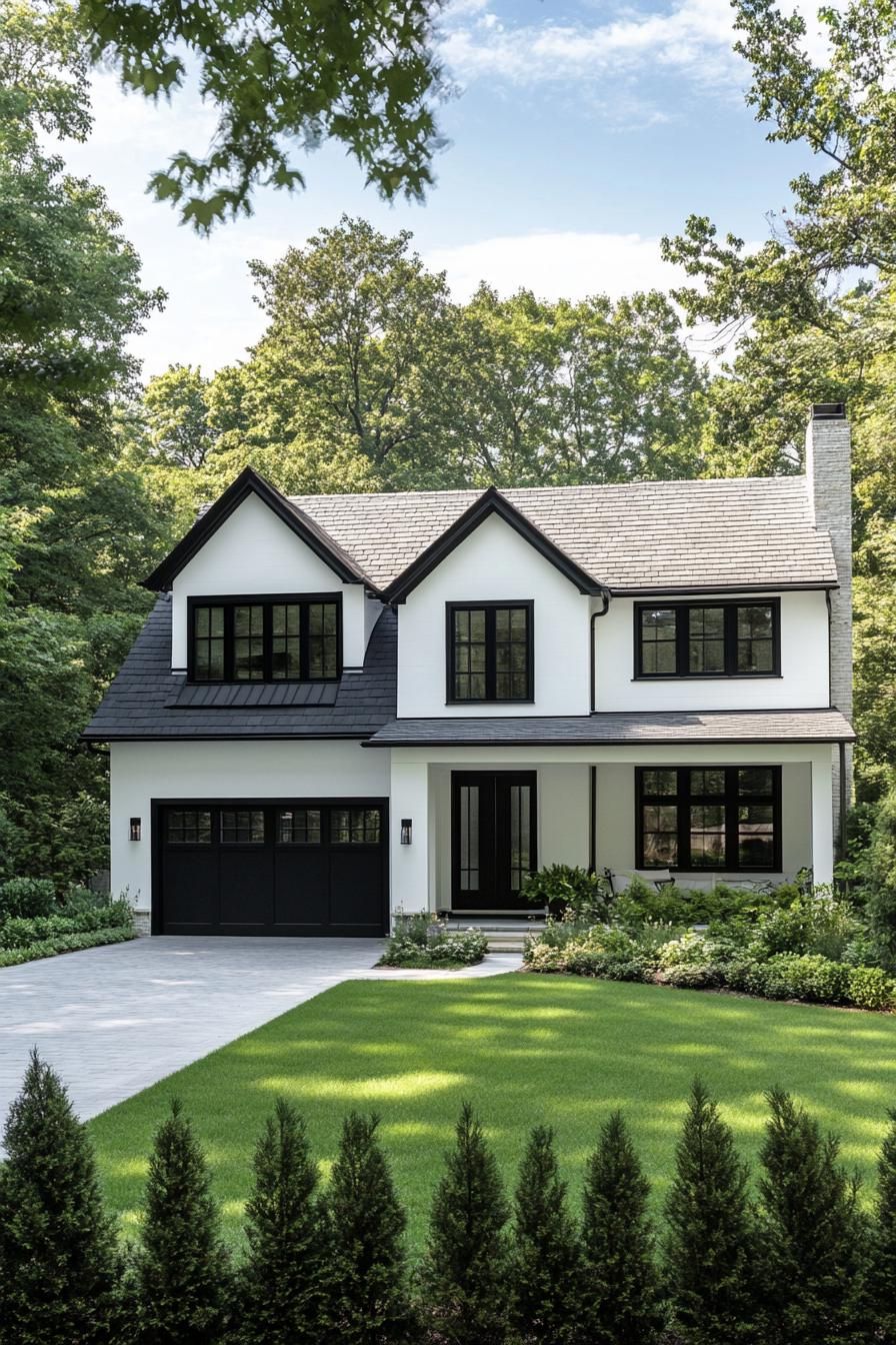 Charming white home with black window trim