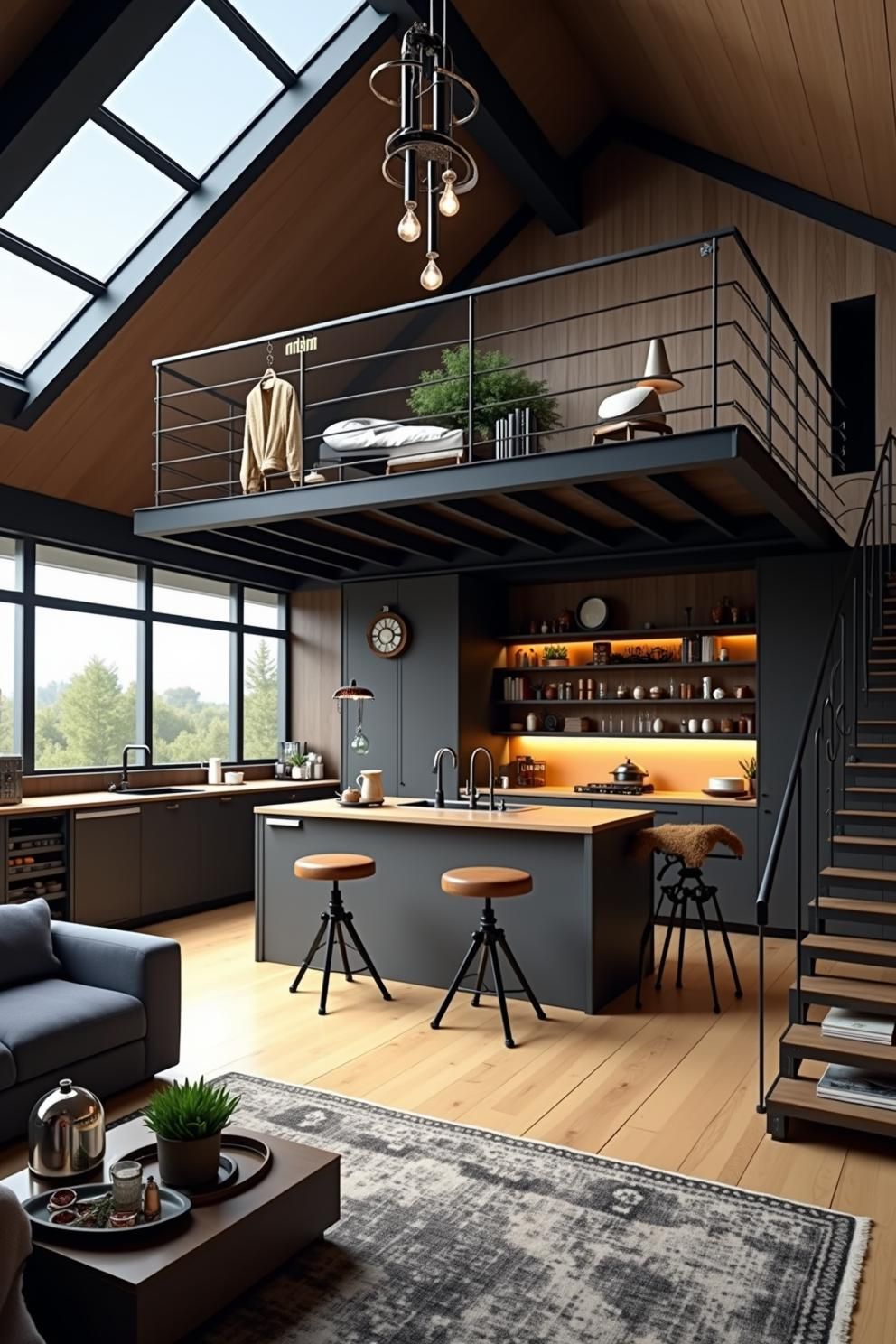 Loft interior with a kitchen and mezzanine