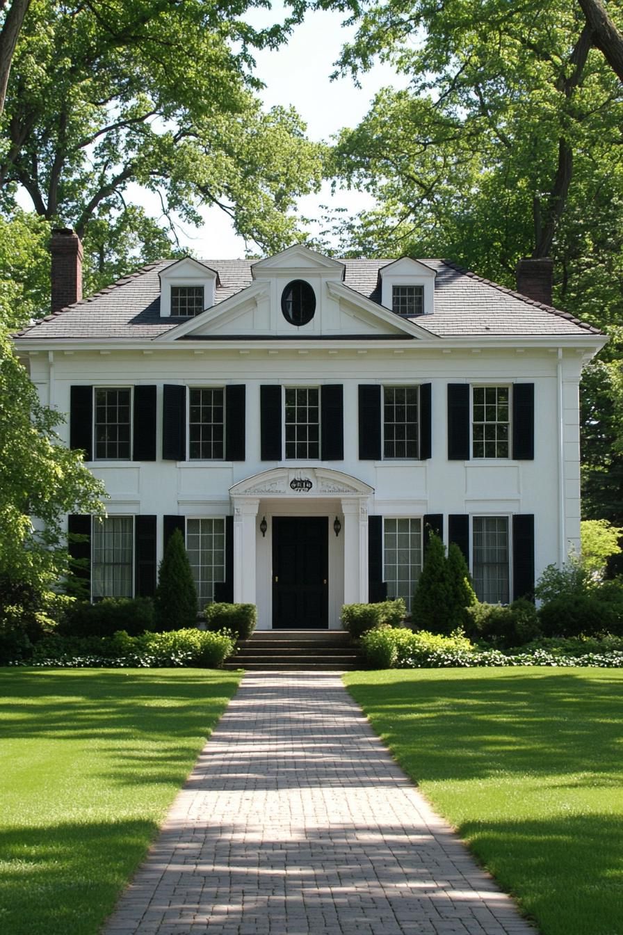 White house with black trim and green lawn