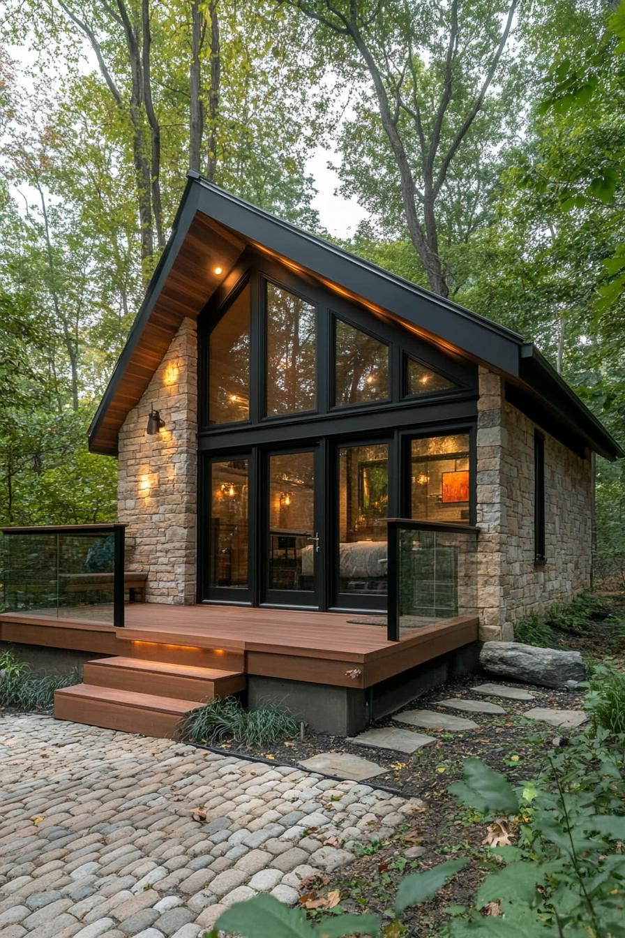 tiny modern luxury 2 story cottage with sloped roof stone siding large modern windows in black trim small wooden deck with steps cobblestone yard