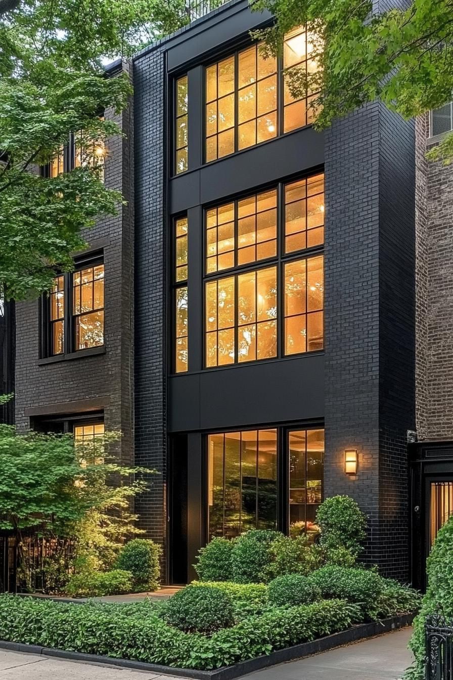 modern black brick townhouse with large modern windows with black trim lush front yard