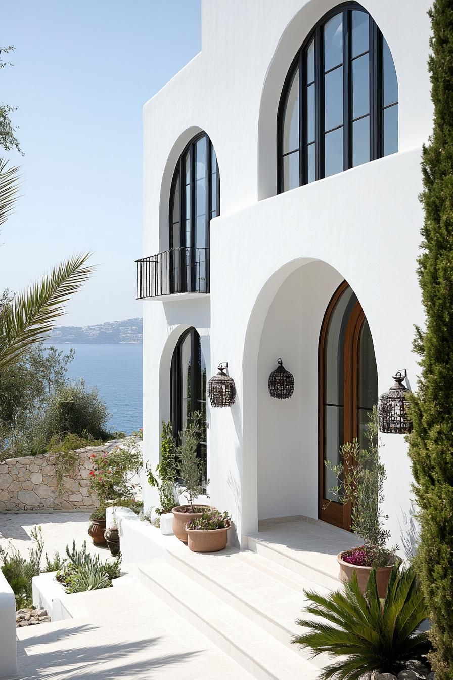 mediterranean modern white willa with arched windows and doorways seaside landscape