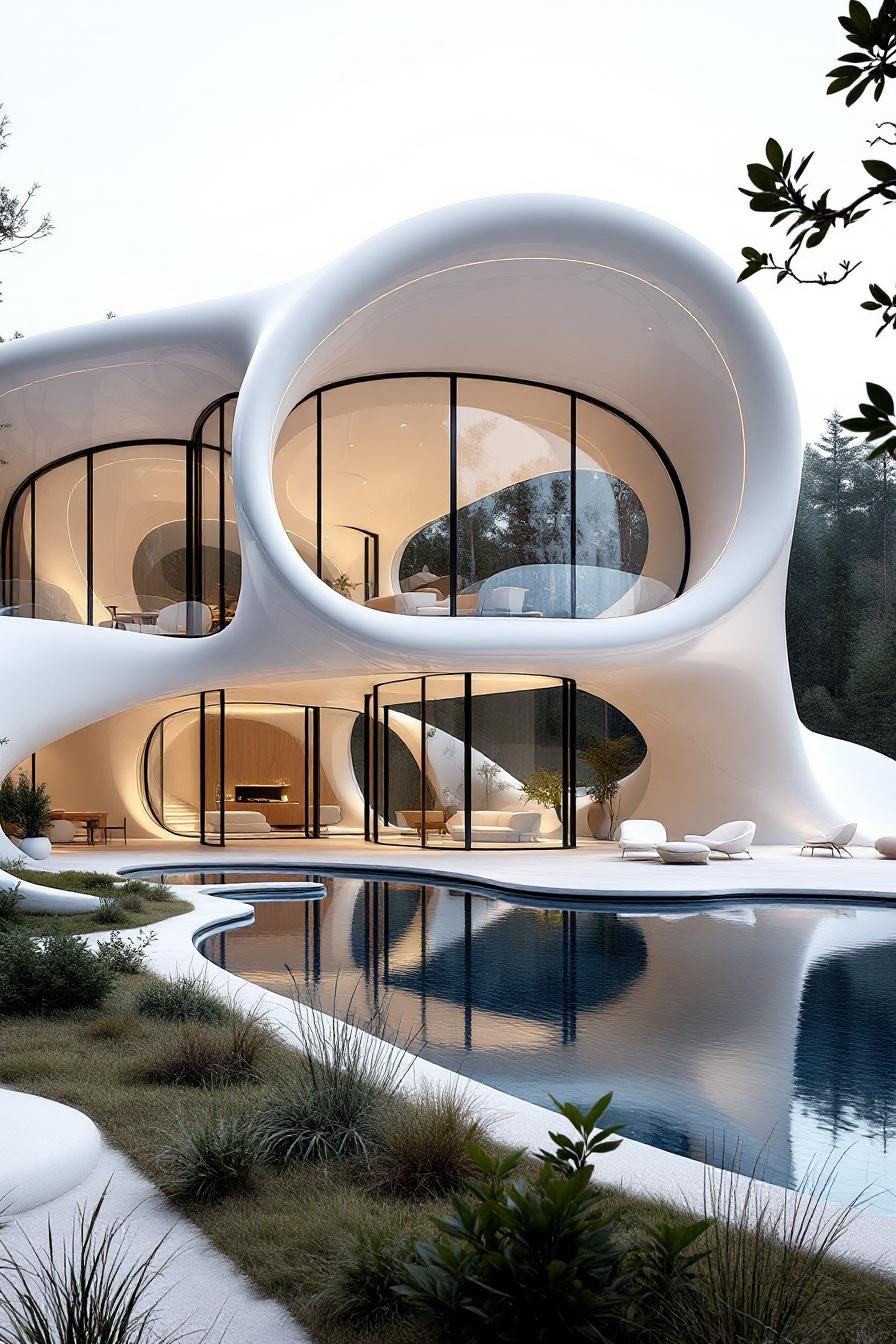 Futuristic home with fluid design and large glass windows