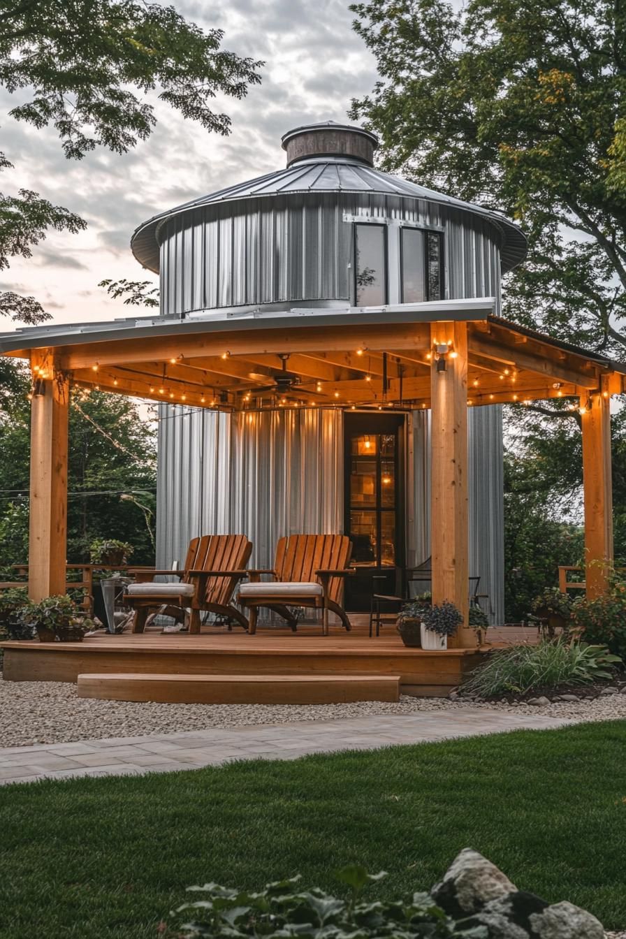 metal grain silo converted into a home with wooden porch with gable roof and column posts outdoor chairs paved yard and lawn with shrubs