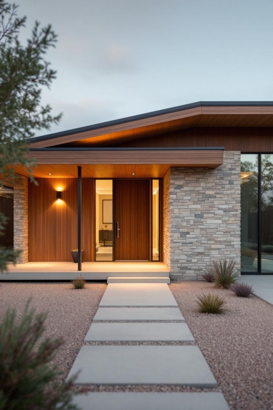 Front entrance of a mid-century ranch house with stone and wood accents