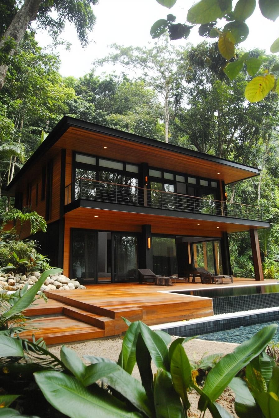 Modern villa with wooden accents surrounded by tropical foliage