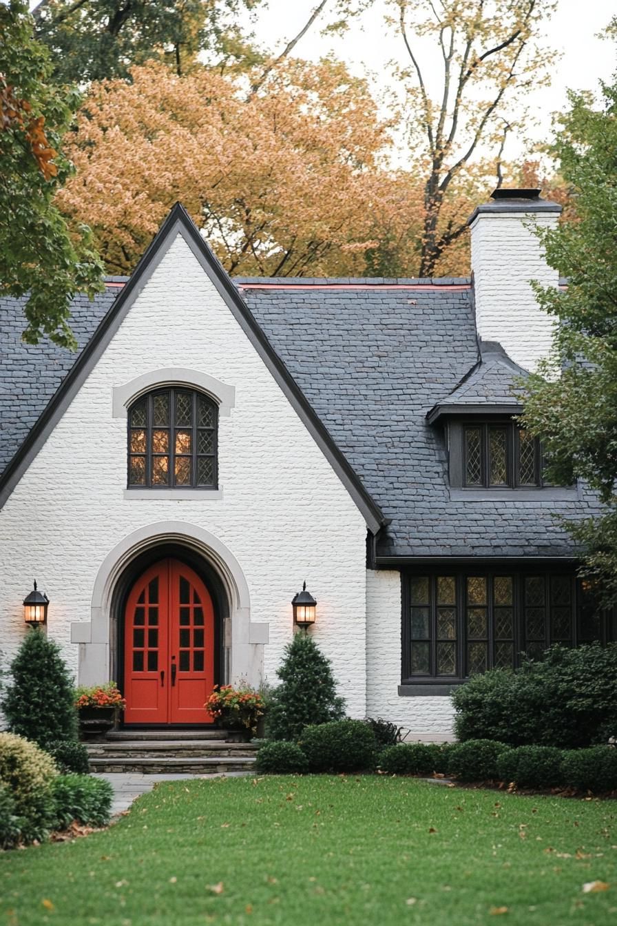 Modern Tudor home with a vibrant red door and elegant brickwork